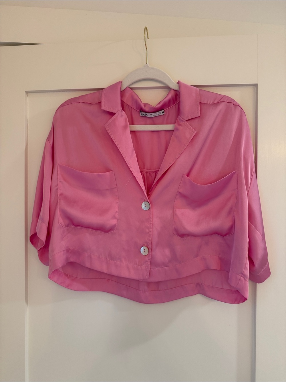 Pink Satin Button-Front Cropped Blouse